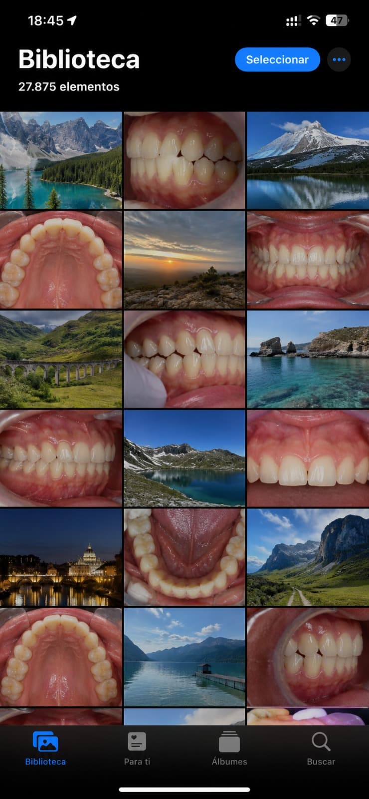 A camera roll cluttered with patient photos mixed with personal photos and screenshots