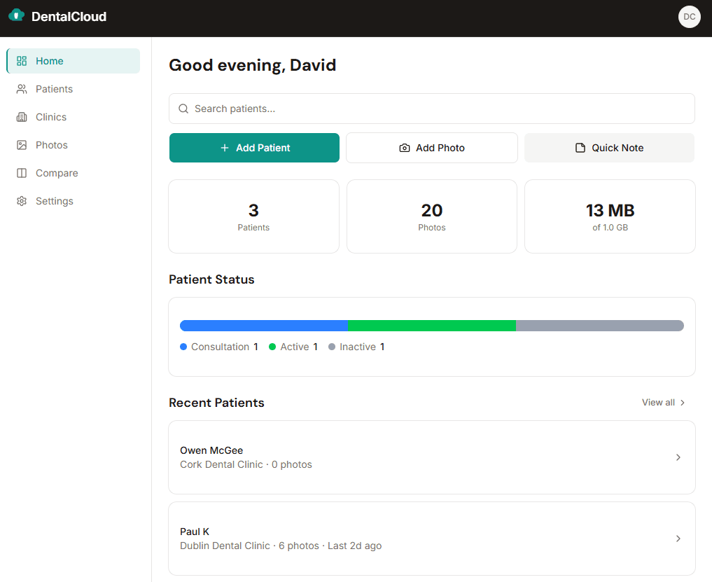DentalCloud dashboard showing patient management, photos, and treatment tracking
